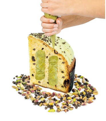 LATTA CERAMICA PANETTONE AL PISTACCHIO CON CIOCCOLATO DI MODICA IGP E CREMA IN SAC A POCHEAL PISTACCHIO